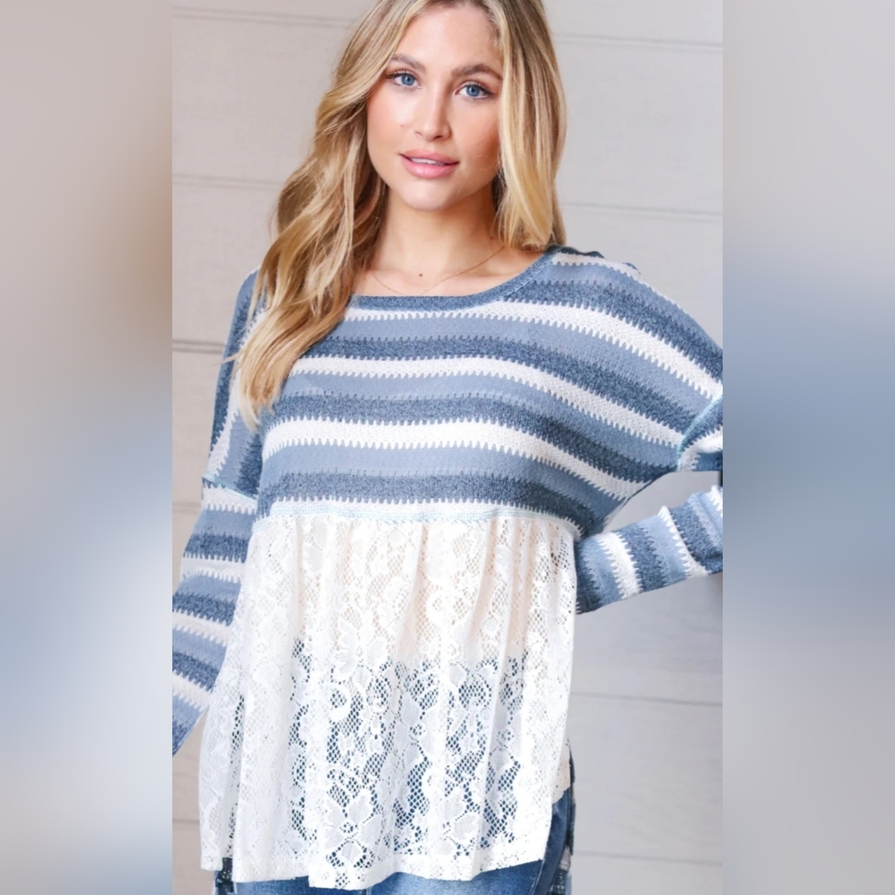 BLUE STRIPE LACE SEE THROUGH TOP